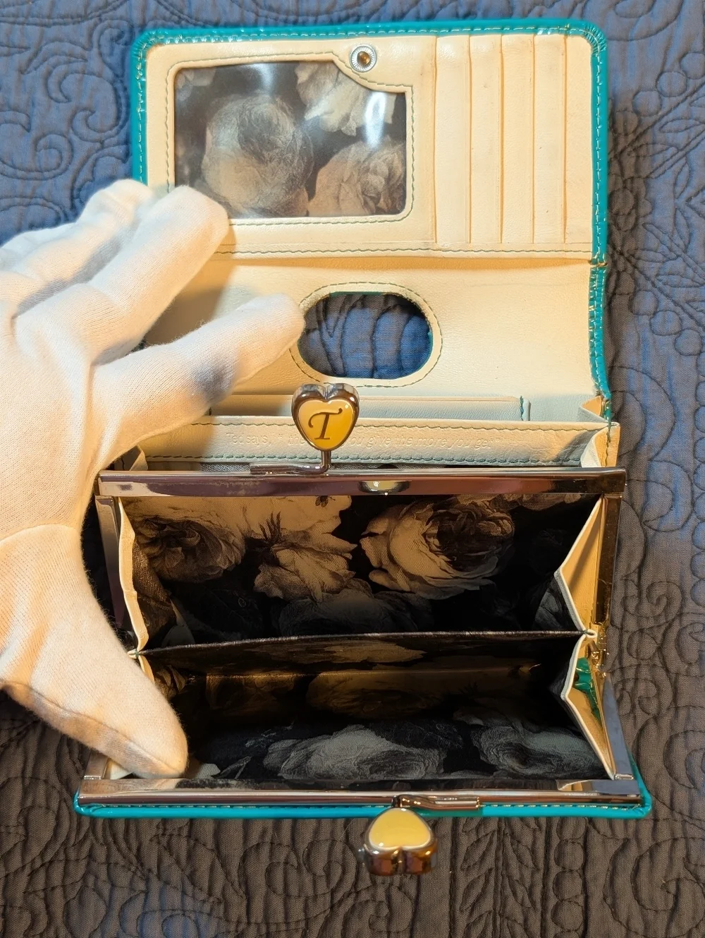 Ted Baker London Turquoise Patent Wallet‎ Heart Clasp Kiss Lock Coin Purse